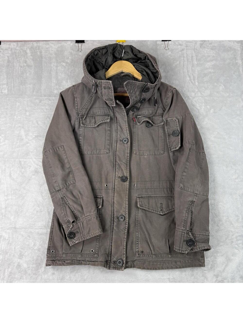 Levis Womens Field Jacket S Gray Hooded Military Utility Coat Vintage Disdressed
